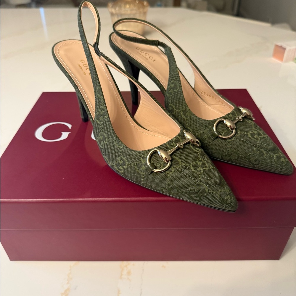 GUCCI SLINGBACK PUMP HORSEBIT GREEN CANVAS 38 - Picture 9 of 15